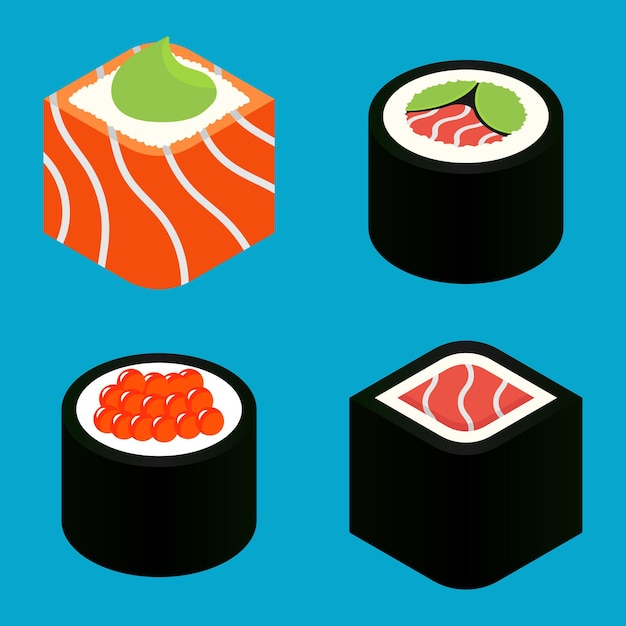 Comida asiática plana. Conjunto de ilustración de vector de icono de sushi japonés