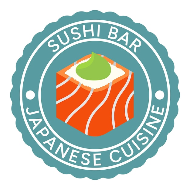 Comida asiática plana. Sushi Bar, Ilustración de vector de logotipo de sello de cocina japonesa