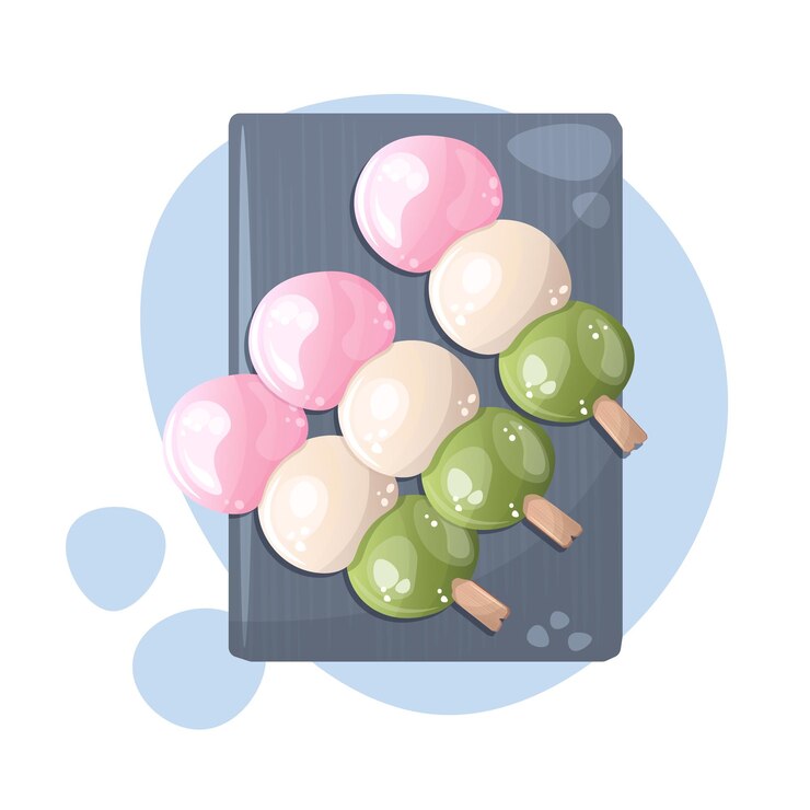 Vector comida asiática. postre tradicional japonés dango en el plato. dulce saludable