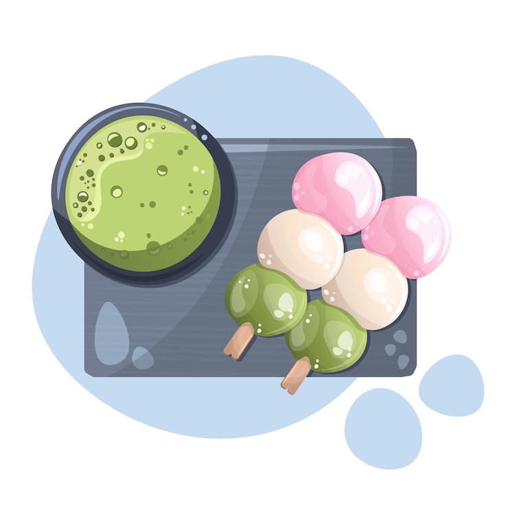 Vector comida asiática. postre tradicional japonés dango en el plato con taza de té matcha