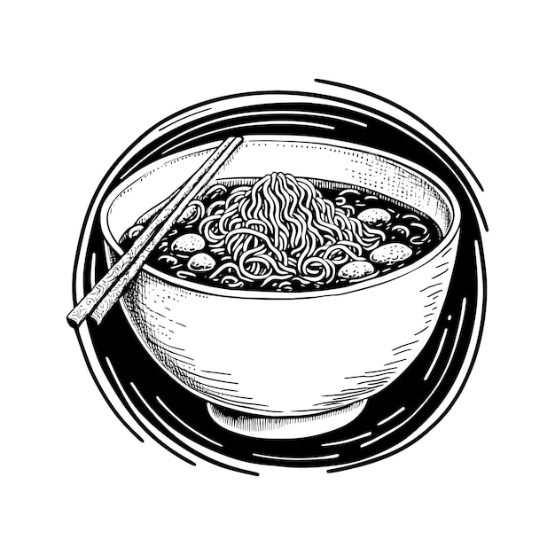 Comida asiática Ramen y palillos Vintage Ilustración dibujada a mano