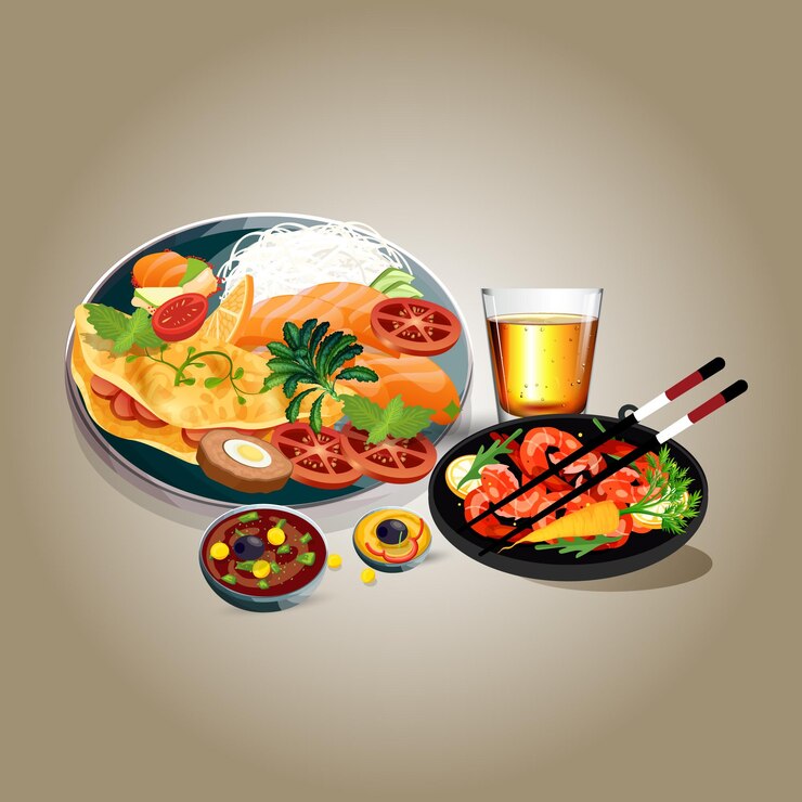 Vector comida asiática y restaurantes tradicionales, cocina, menú, ilustración vectorial