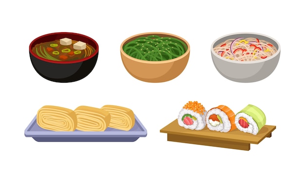 Comida asiática servida en cuencos y en utensilios planos Conjunto vectorial de cocina china Concepto de menú de restaurante