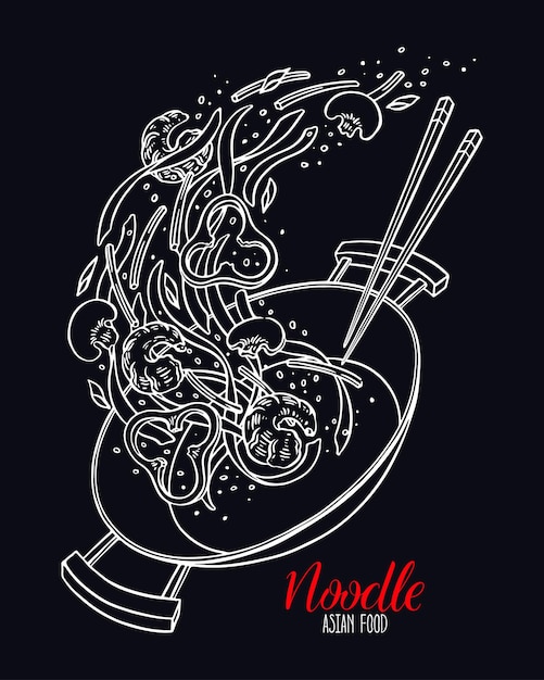 Comida asiática. Sketch wok pan de fideos chinos, camarones, pimienta y champiñones. Ilustración dibujada a mano