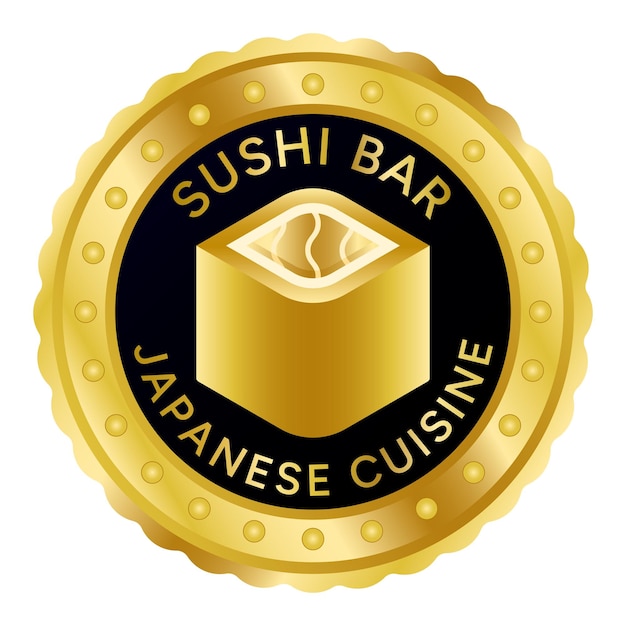 Comida asiática. Sushi Bar, ilustración de vector de logotipo de sello de oro de cocina japonesa