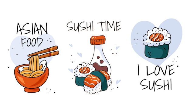 Comida asiática sushi fideos insignias de línea plana arte estilo simple conceptos aislados conjunto