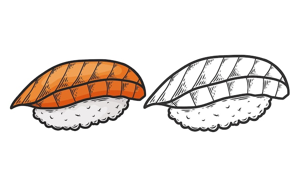 Comida asiática Sushi con salmón Estilo de boceto Ilustración dibujada a mano vectorial Esbozo pintado