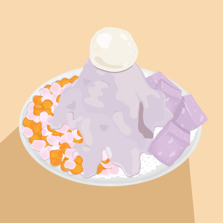Comida asiática Taro Paste y bolas de taro con helado encima