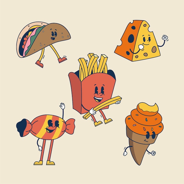 Comida y bebida de dibujos animados retro dibujados a mano