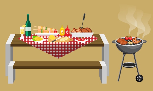 Vector comida y bebida en la mesa de madera en concepto de fiesta de barbacoa