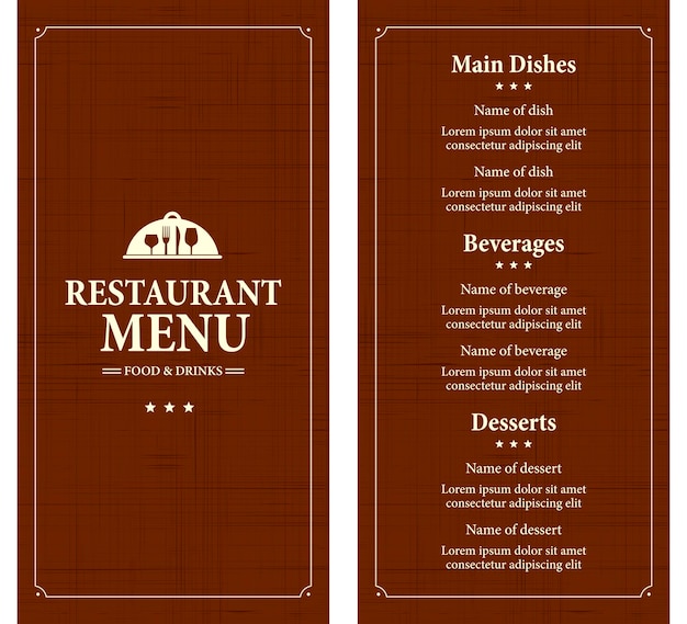 Comida y bebidas del menú del restaurante en un estilo retro Plantilla de menú en un fondo marrón Ilustración vectorial