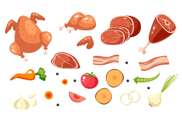 Comida bistec barbacoa parrilla pollo carne asado ingredientes conjunto aislado diseño gráfico ilustración