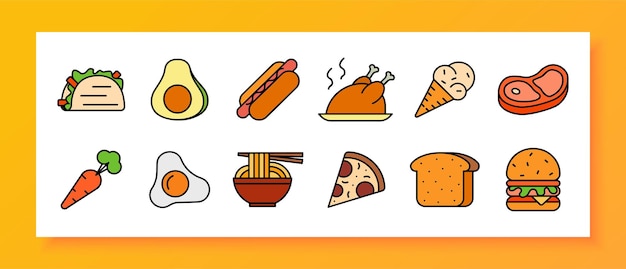 Comida y bocadillos conjunto icono Taco aguacate perrito caliente asado pollo helado filete zanahoria huevo frito ramen pizza pan hamburguesa