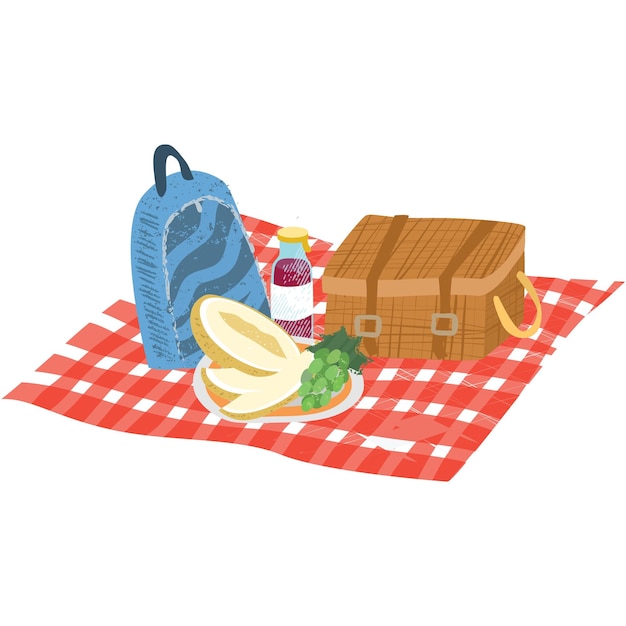 Vector comida de bolsa de cesta de mimbre de picnic en vector de manta
