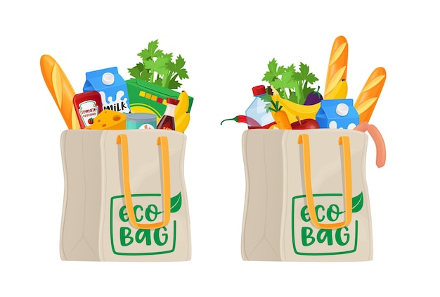 Comida en bolsas ecológicas de compras, comestibles aislados