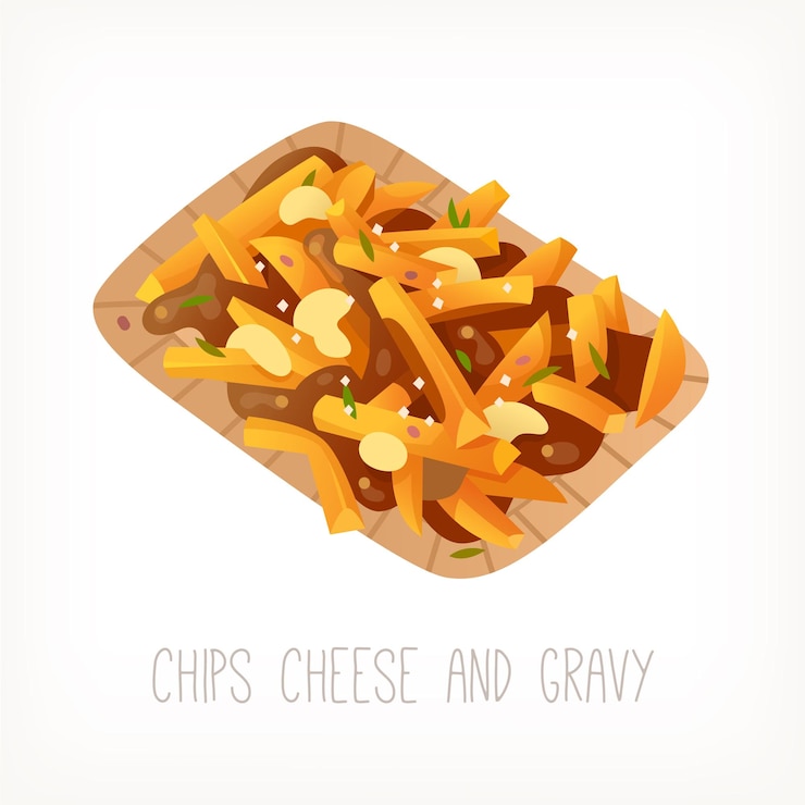 Vector comida callejera británica chips de queso y salsa papas fritas con salsa y queso cuajado imagen vectorial