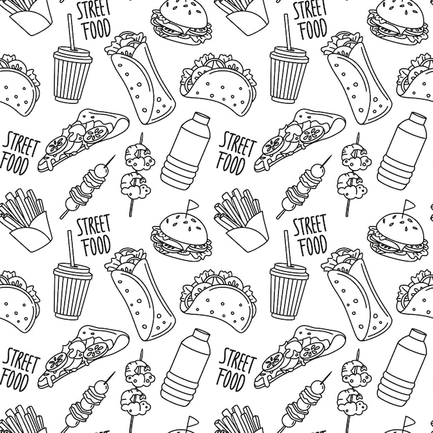 Comida callejera en diseño monocromático Bosquejo del esquema Patrón sin costuras Vector