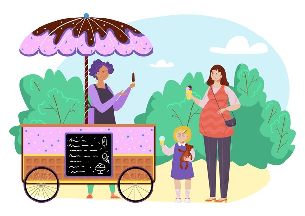 Comida callejera verano heladería vector ilustración madre embarazada personaje comprar postre dulce en quiosco niño hija sostener helado