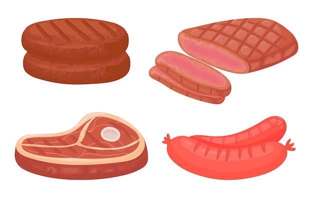 Comida de carne de dibujos animados Ingredientes de productos crudos como bistec y salchichas para carnicería Carne orgánica