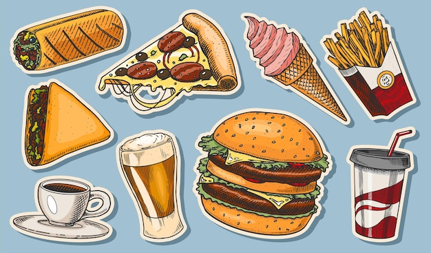 Comida chatarra, hamburguesas y tacos de hamburguesa, burrito de hot dog, bebida de cerveza y helado. Boceto vintage para el menú del restaurante. Pegatinas dibujadas a mano en estilo retro.