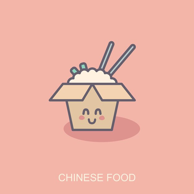 Comida china para llevar caja de arroz frito y palillos icono kawaii lindo con contorno delgado