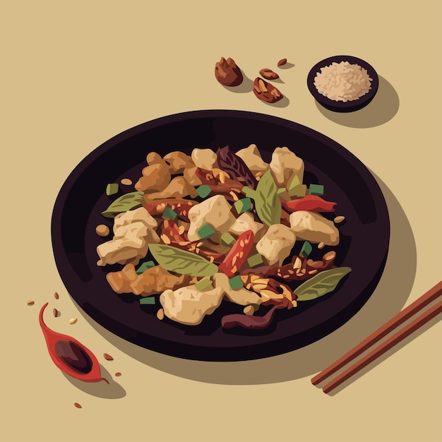 Comida china pollo kung pao deliciosa comida asiática auténtica aislado fondo de ilustración vectorial para el diseño de plantilla de cartel de menú