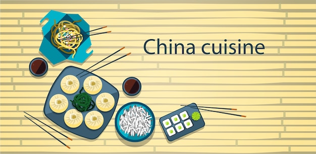 Vector comida china tradicional cocina asiática fondo de bambú