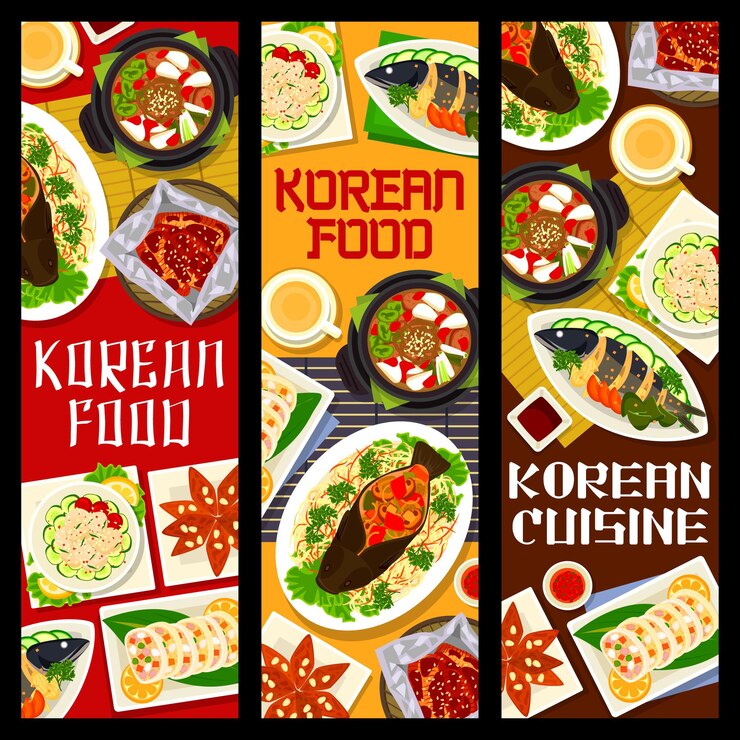 Vector comida de cocina coreana, platos y comidas asiáticas, banners de vector de menú de almuerzo o cena de restaurante de corea. comida tradicional coreana y comidas gourmet caballa frita y anguila ahumada, carpa al horno y calamares rellenos.