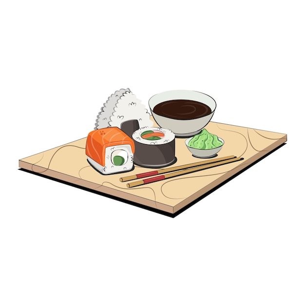 Comida de cocina japonesa para menús de restaurantes y sitios de entrega de carteles vector ilustración plana aislada sobre fondo blanco rollos de sushi conjunto de salsa de soja onigiri imagen de archivo