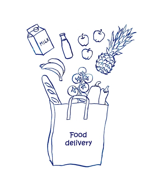 Comida comida entrega supermercado comida boceto línea arte bolsa de comida doodle comida