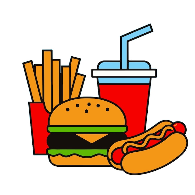 Comida de comida rápida con hamburguesas fritas, perrito caliente y refresco.