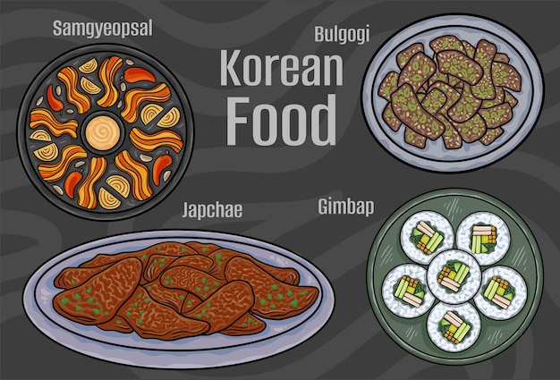 Comida coreana Un conjunto de platos clásicos Ilustración dibujada a mano de dibujos animados