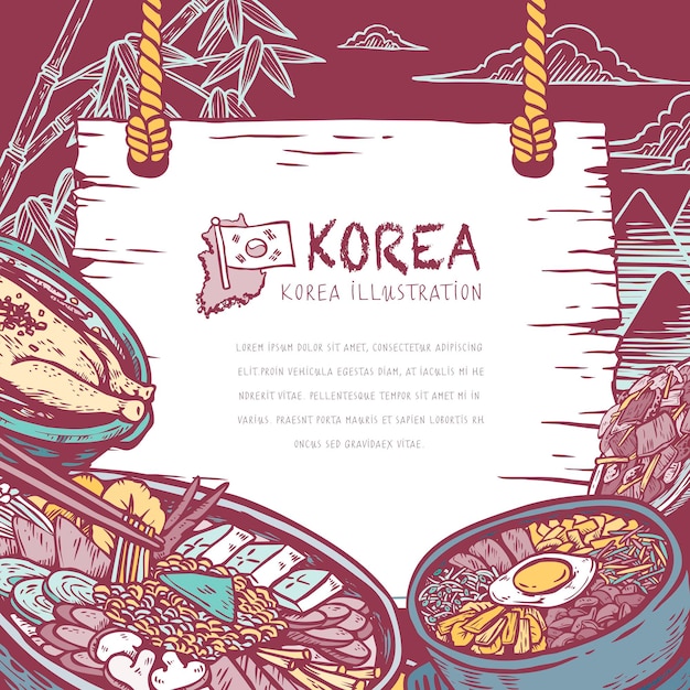 Comida coreana deliciosa en estilo dibujado a mano