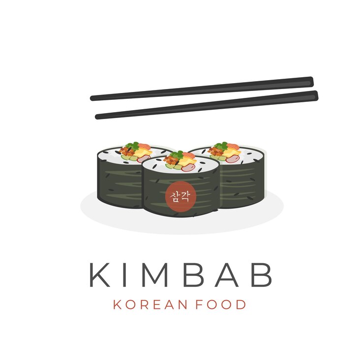 Comida coreana Kimbap Gimbap Kimbab Vector Logo de ilustración con palillos