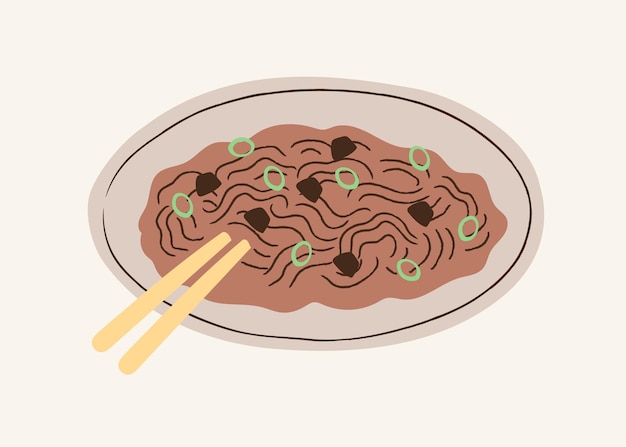 Vector comida culinaria vibrante ilustración fideos con salsa de frijoles negros fideos asiáticos