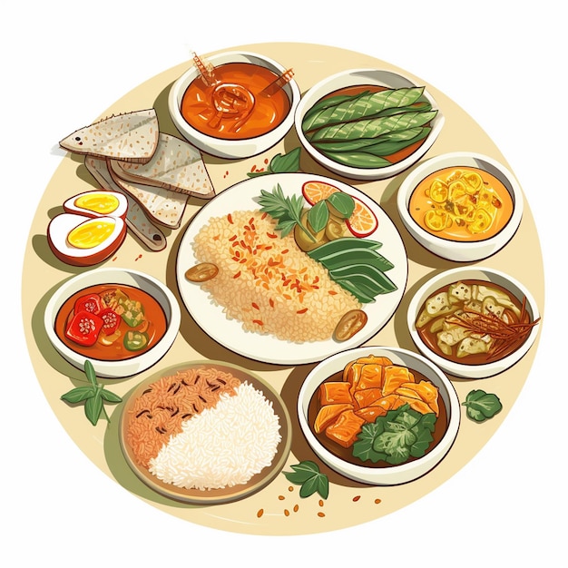 Vector comida deliciosa ilustración indonesia plato tradicional cena almuerzo indonesio menú vectorial