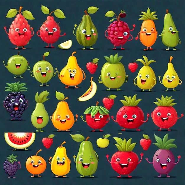 Vector comida de dibujos animados manzana frambuesa fresa sandía sandía piña melocotón naranja pera cereza