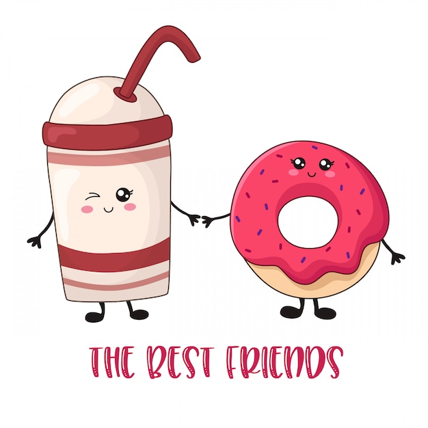 Comida dulce kawaii de dibujos animados - tarjeta de café y donas