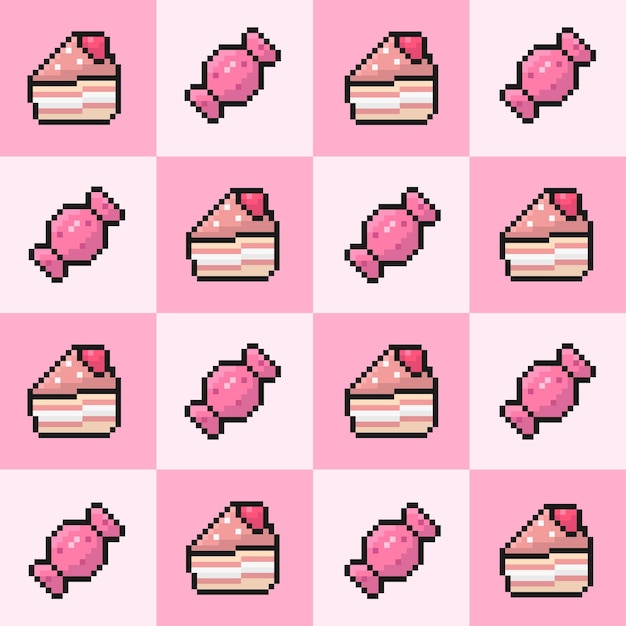 Vector comida dulce patrón sin costuras arte de píxeles dulces colores rosados dulces pedazo de pastel