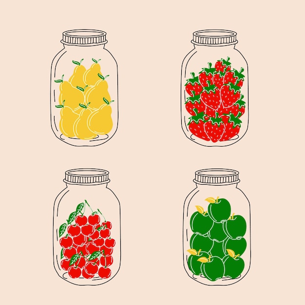 Comida enlatada. conjunto de tarros con fruta. vector en estilo de dibujos animados. todos los elementos están aislados.