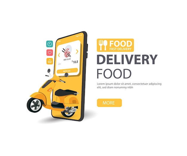 Comida de entrega en línea por sitio web de scooter en un banner web de concepto de pedido de comida móvil