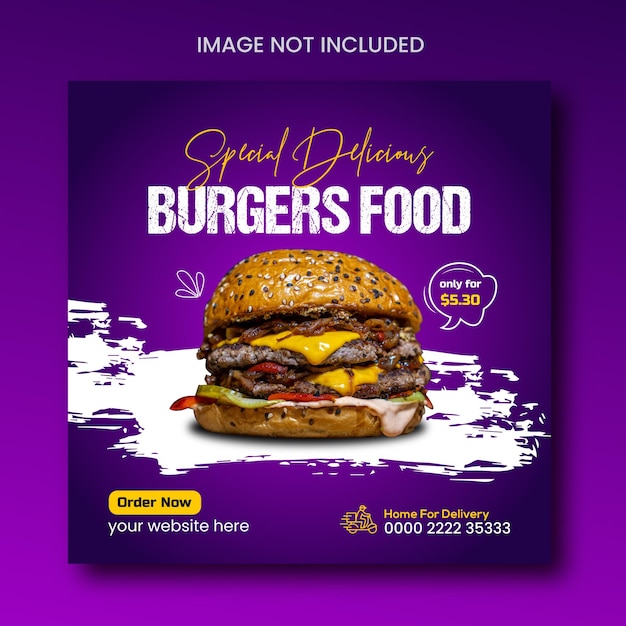 Comida especial hamburguesa deliciosa promoción en redes sociales y diseño de publicación de banner de Instagram