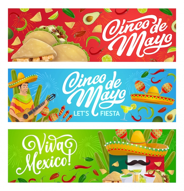 Vector comida de fiesta mexicana, sombrero, guitarra y maracas