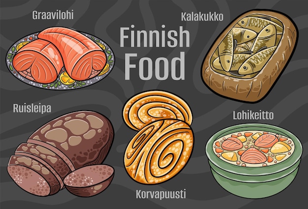 Comida finlandesa Un conjunto de platos clásicos Ilustración dibujada a mano de dibujos animados