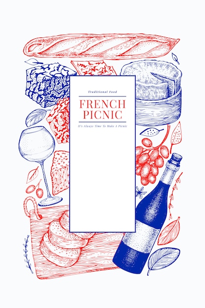 Comida francesa, comida de picnic dibujado a mano. Grabado estilo diferente merienda y vino. Fondo de comida vintage.
