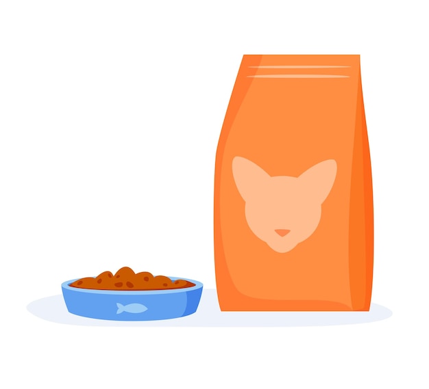Comida para gatos en un tazón Pienso para gatos en paquete o mendigar Vector de estilo plano
