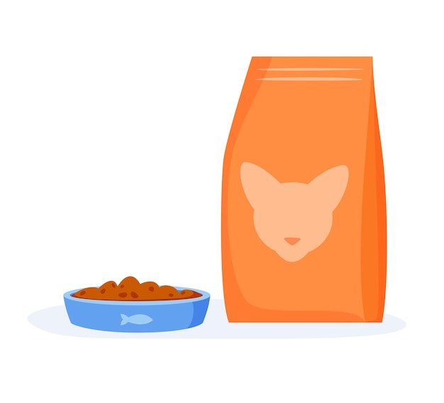 Vector comida para gatos en un tazón pienso para gatos en paquete o mendigar vector de estilo plano