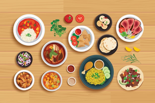 Comida halal en la mesa de madera de la vista superior