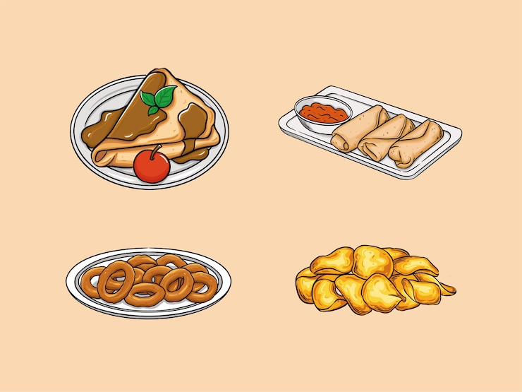 Vector la comida incluye crepes, rollo de huevo, aros de cebolla y papas fritas.