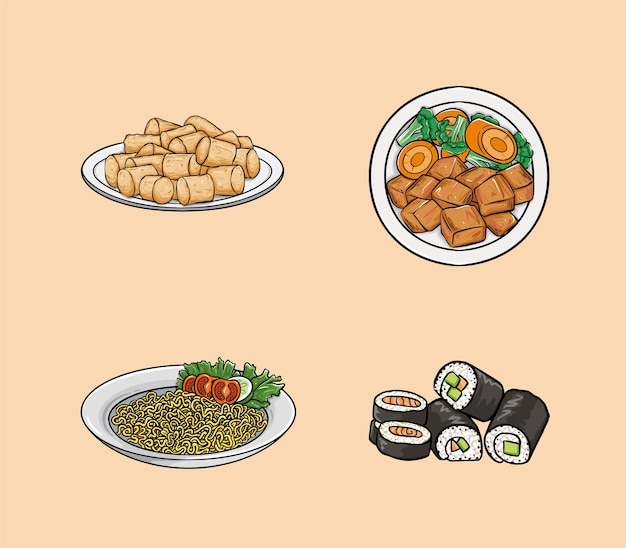 La comida incluye Tater Tots, pollo teriyaki, fideos y sushi.
